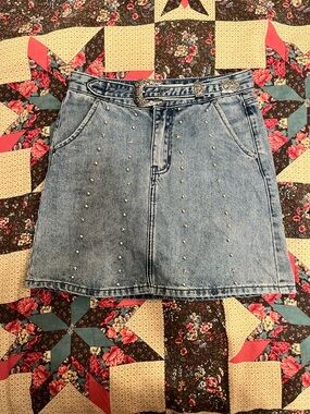Studded Light Blue Denim Mini Skirt with Decorative Belt
